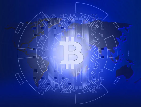 Abstracte Technologie Bitcoins Logo Met Circuit Lijn Wereld Kaart Blauwe — Stockfoto