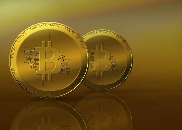 つの黄金 Bitcoins 反射と仮想 繊細な背景に Cryptocurrency コンセプト — ストック写真