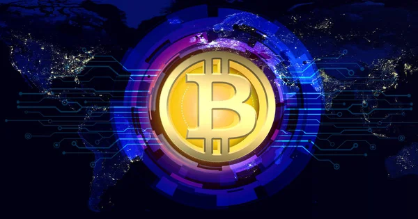 Bitcoin Altın Para Fütüristik Kavramı Dünya Haritası Üzerinde Devre Çizgili — Stok fotoğraf