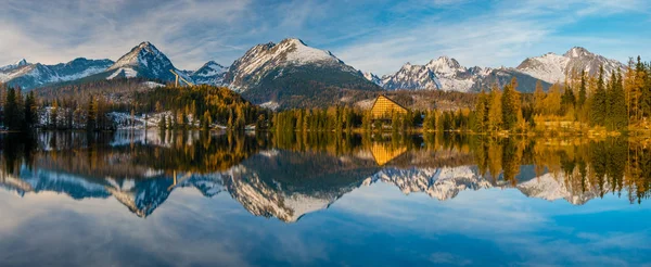 Panorama Alta Resolución Lago Montaña Strbske Pleso Eslovaquia Lago Paisaje —  Fotos de Stock