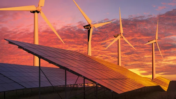 Schone energieconcept, fotovoltaïsche panelen en windturbines in t — Stockfoto