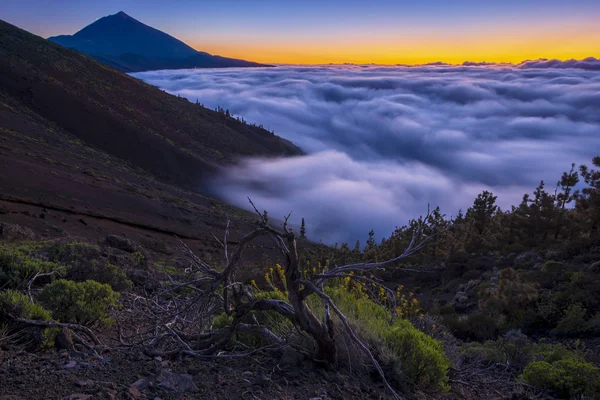 Espetacular pôr do sol acima das nuvens no vulcão Teide nationa — Fotografia de Stock