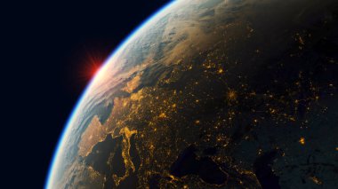 dünya üzerinde kırmızı gündoğumu, gerçekçi 3d illüstrasyon