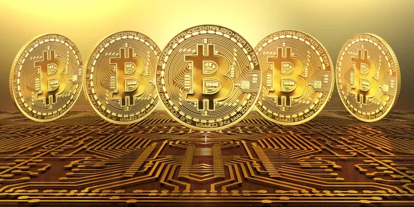 Monete Bitcoin Oro Virtuale Sul Circuito Stampato Illustrazione — Foto Stock