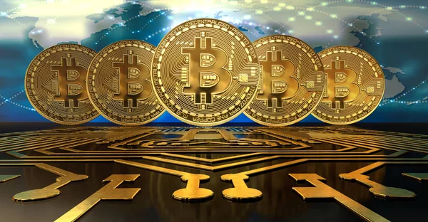 Monete Bitcoin Oro Virtuale Sul Circuito Stampato Illustrazione — Foto Stock