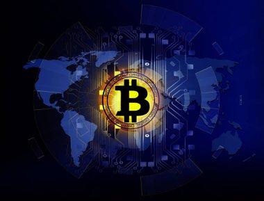 Bitcoin altın para fütüristik ağ iş kavramı dünya haritası üzerinde devre çizgili