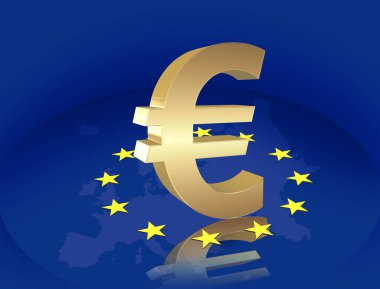 Avrupa Birliği bayrağı ile altın Euro para birimi simgesi, 3d render