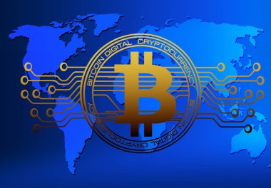 Dünya harita, mavi teknolojik altyapı devre hatta soyut teknoloji bitcoins logolu