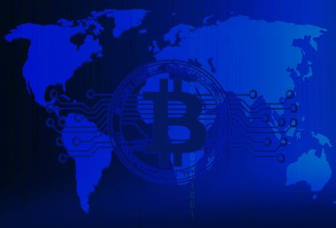 Dünya harita, mavi teknolojik altyapı devre hatta soyut teknoloji bitcoins logolu