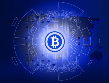 Dünya harita, mavi teknolojik altyapı devre hatta soyut teknoloji bitcoins logolu