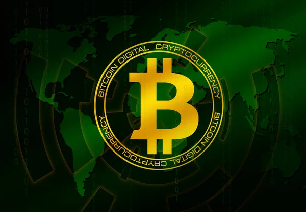 Logo Bitcoins Tecnología Abstracta Mapa Del Mundo Fondo Tecnología Verde — Foto de Stock