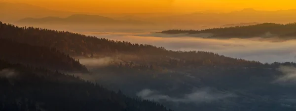 山の谷は朝の霧が殺到 — ストック写真