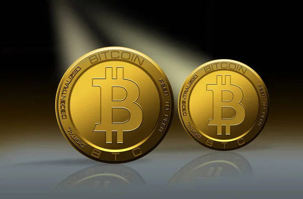 Zwei Goldene Bitcoins Kryptowährungskonzept Auf Virtuellem Heiklen Hintergrund Mit Reflexion — Stockfoto