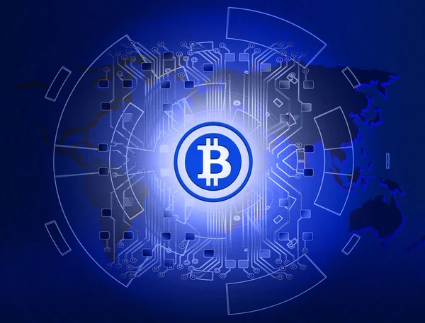 回路技術背景を世界地図 青い線上で抽象的な技術 Bitcoins — ストック写真
