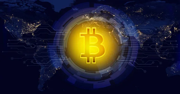 Digitalwährung Bitcoin Auf Der Weltkarte Konzept Des Globalen Währungsflusses — Stockfoto