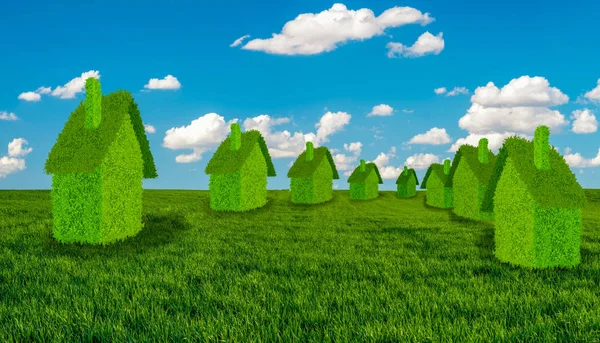 Concept of ecological houses on a green field against the blue s