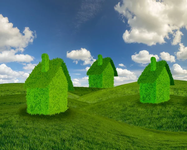 Concept of ecological houses on a green field against the blue sky