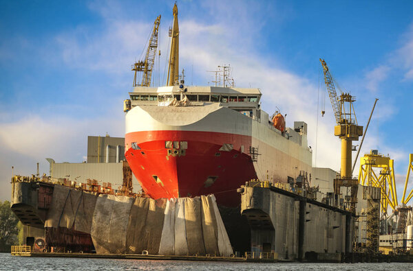 Szczecin, Poland-September 2017: Marine ferry in repair yard for replacing pumps and filters for ballast tanks