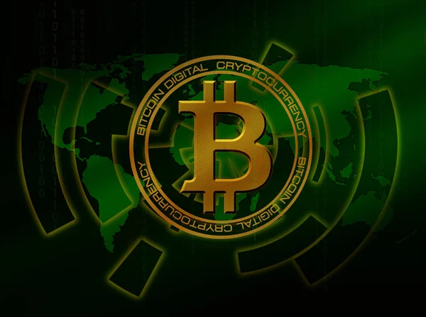 Tecnologia Abstrata Bitcoins Logotipo Mapa Mundo Fundo Tecnologia Verde — Fotografia de Stock