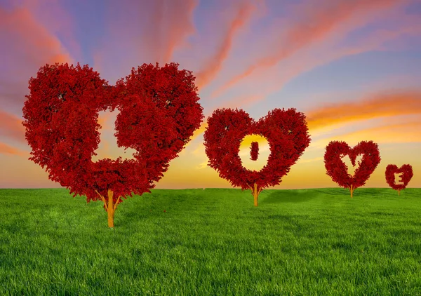 Alberi Rossi Forma Cuore Campo Primaverile Concetto Amore Giorno San — Foto Stock