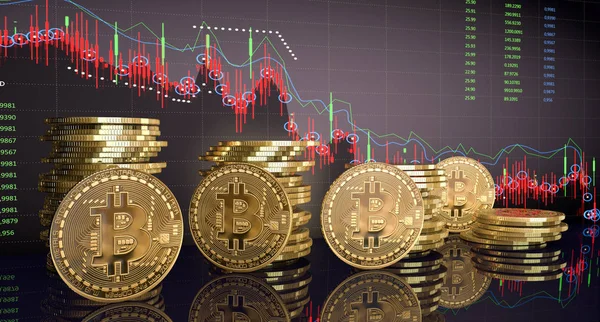 Gold-Bitcoins mit Candle-Stick-Diagramm und digitalem Hintergrund — Stockfoto