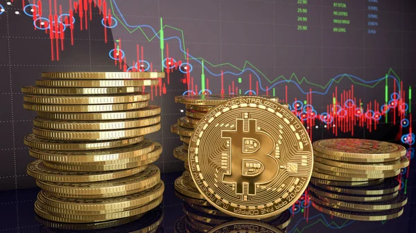 Gold-Bitcoins mit Candle-Stick-Diagramm und digitalem Hintergrund — Stockfoto