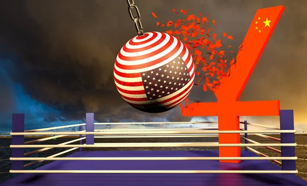 USA zászló romboló labdát törés egy kínai valuta jüan-3D Illu — Stock Fotó