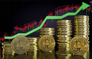 bitcoin için yükselen değeri simgeleyen yeşil ok ve