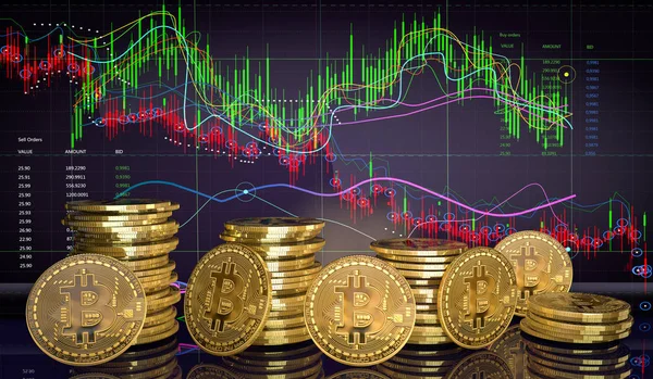 Bitcoin d'oro con grafico a bastoncino di candela e backgrou digitale — Foto Stock