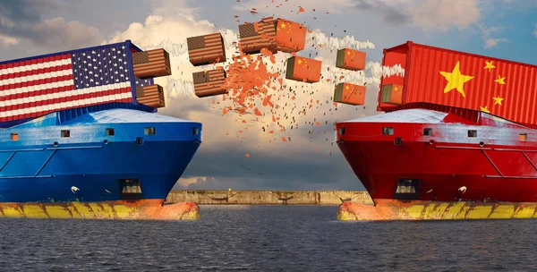 Американські та китайські торгові кораблі стріляють пакети з контейнерів. U — стокове фото