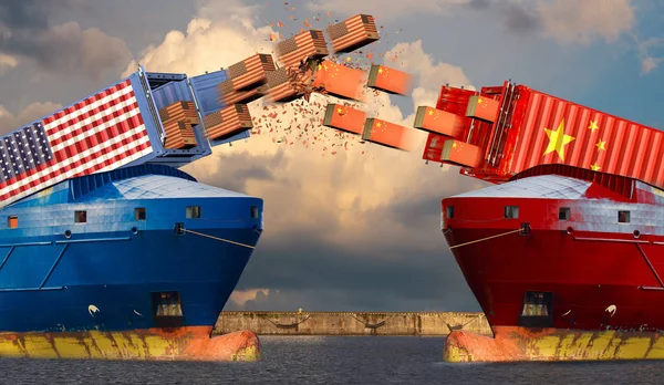 Barcos mercantes estadounidenses y chinos disparando cajas de cartón con EE. UU. — Foto de Stock