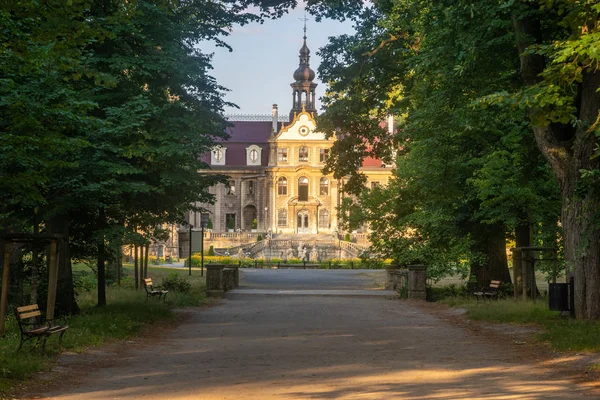 Allee der Bäume, die zur Burg führt, Burg in Moszna bei Opol — Stockfoto