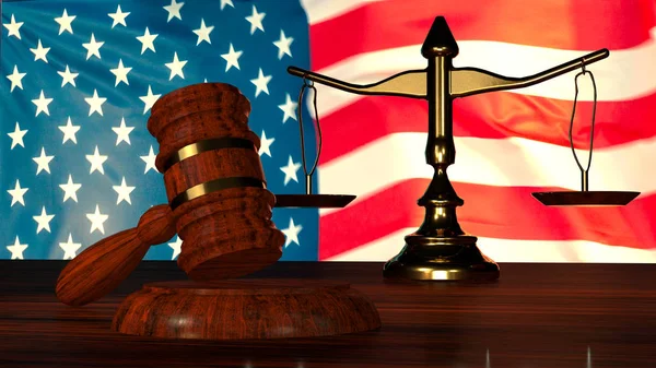 Δικαστής σφυρί, κλίμακα της δικαιοσύνης με αμερικανική σημαία-3D εικονογράφηση — Φωτογραφία Αρχείου