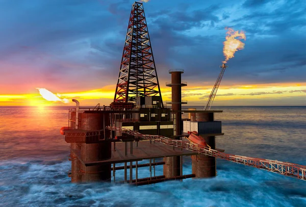 Piattaforma petrolifera in mare al tramonto — Foto Stock