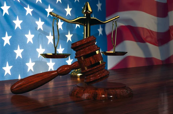 Juez Gavel, escala de la justicia con la bandera estadounidense-3d ilustración — Foto de Stock