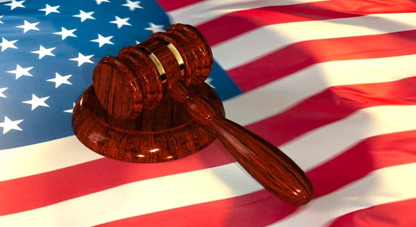 Δικαστής σφυρί με αμερικανική σημαία-3D εικονογράφηση — Φωτογραφία Αρχείου