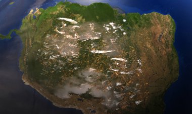 Fires in the Amazon rainforest seen from space- 3D illustration clipart