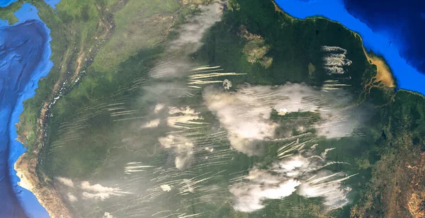 Amazon rainforest covered in huge fires - view from space - 3D i — Stock Photo, Image