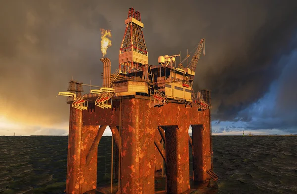 Plataforma petrolífera en el mar contra el cielo tormentoso justo antes del atardecer —  Fotos de Stock