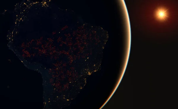 Πυρκαγιές στο τροπικό δάσος του Αμαζονίου εμφανίζονται από το διάστημα-3D εικονογράφηση — Φωτογραφία Αρχείου