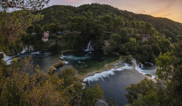 Krka National Park-panorama of the waterfall against the beautif