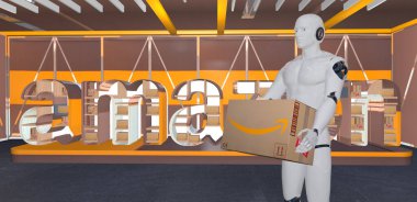 İnsansı robot arka planda karton paketler tutuyor.