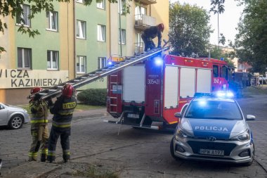 Szczecin, Polonya-Ağustos 2019: itfaiye birliğinin ortak harekatı