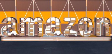 Karton paketler için bir kitaplık şeklinde Amazon logosu