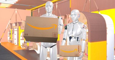 Arka planda karton paketler tutan insansı robotlar 
