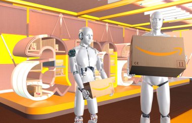 Arka planda karton paketler tutan insansı robotlar 