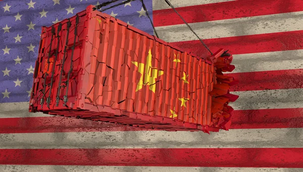 Destruido contenedor con la bandera de China después de chocar con —  Fotos de Stock