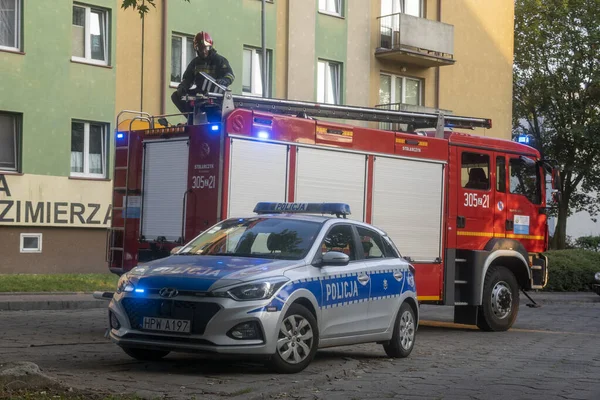 Szczecin, Polonia-agosto 2019: azione comune dei vigili del fuoco a — Foto Stock