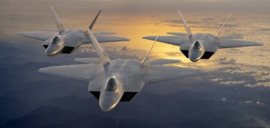 formation of the fifth generation :Lockheed Martin F-22 Raptor of the US Air Force in flight above the clouds clipart