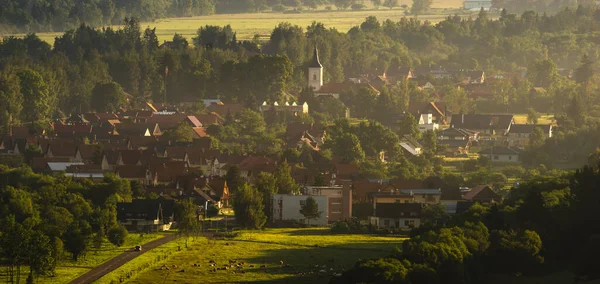在一个雾蒙蒙的美丽早晨 斯洛伐克一个山村的全景 — 图库照片